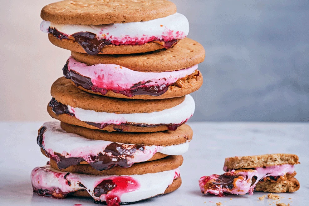 Stack of gourmet s'mores with berry and chocolate ripples in marshmallow